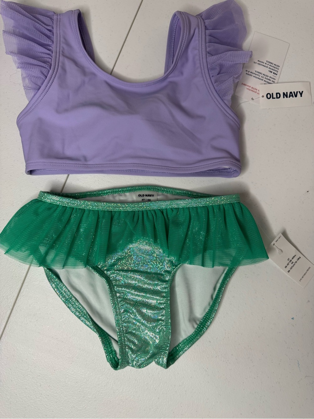 Old Navy Lavender Ruffle-Shoulder Top & Green Sparkle Skirted Bikini Bottoms